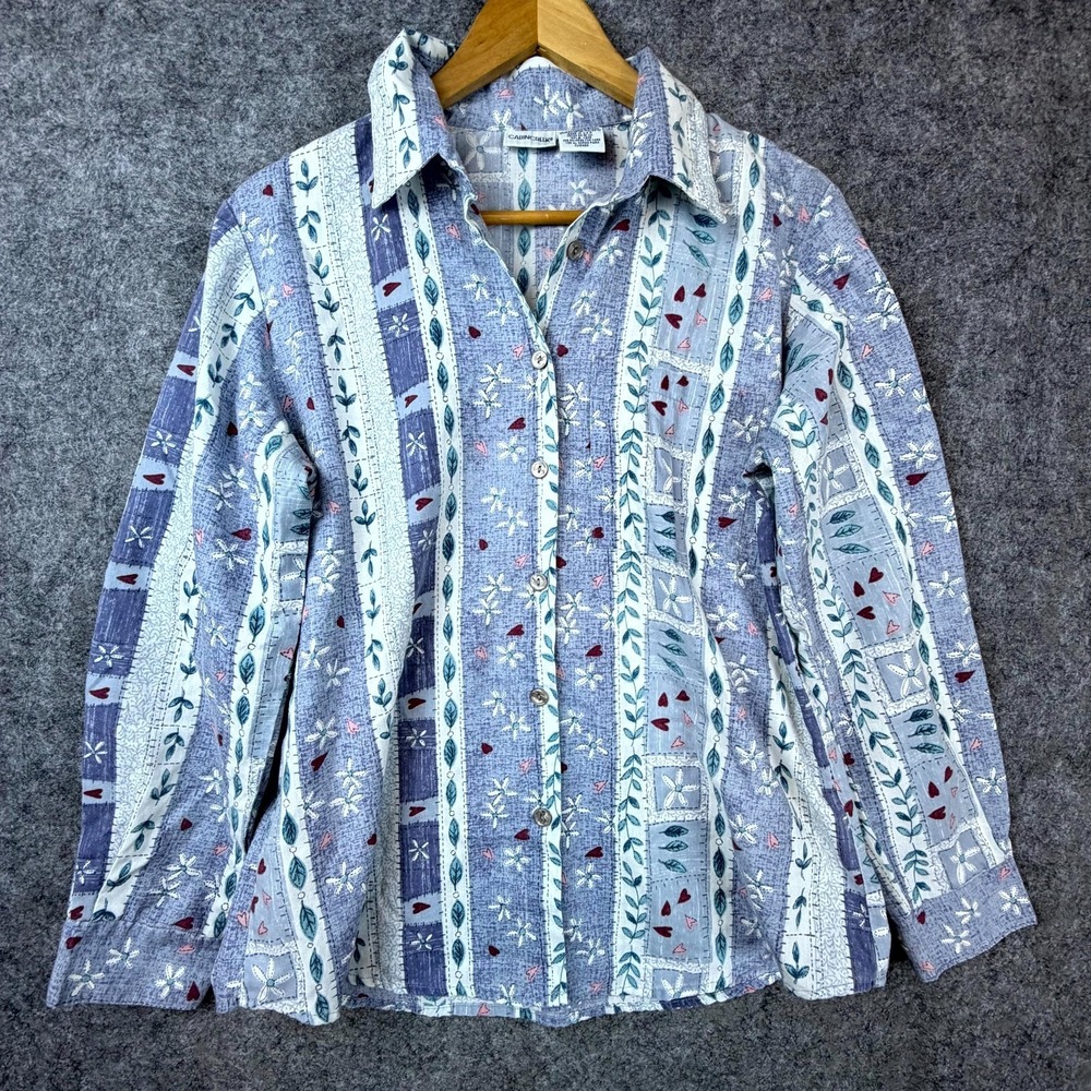 Vintage Cabin Creek Shirt Womens Medium Purple Floral Cotton Roll Tab Sleeve
